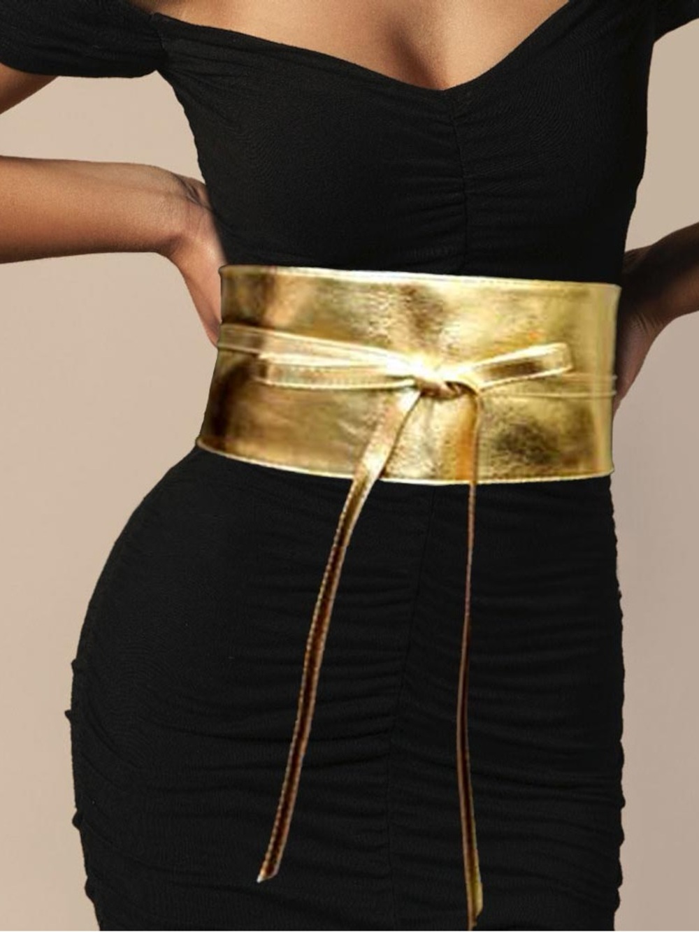 Metallic Gold Waist Obi Belt with Tie